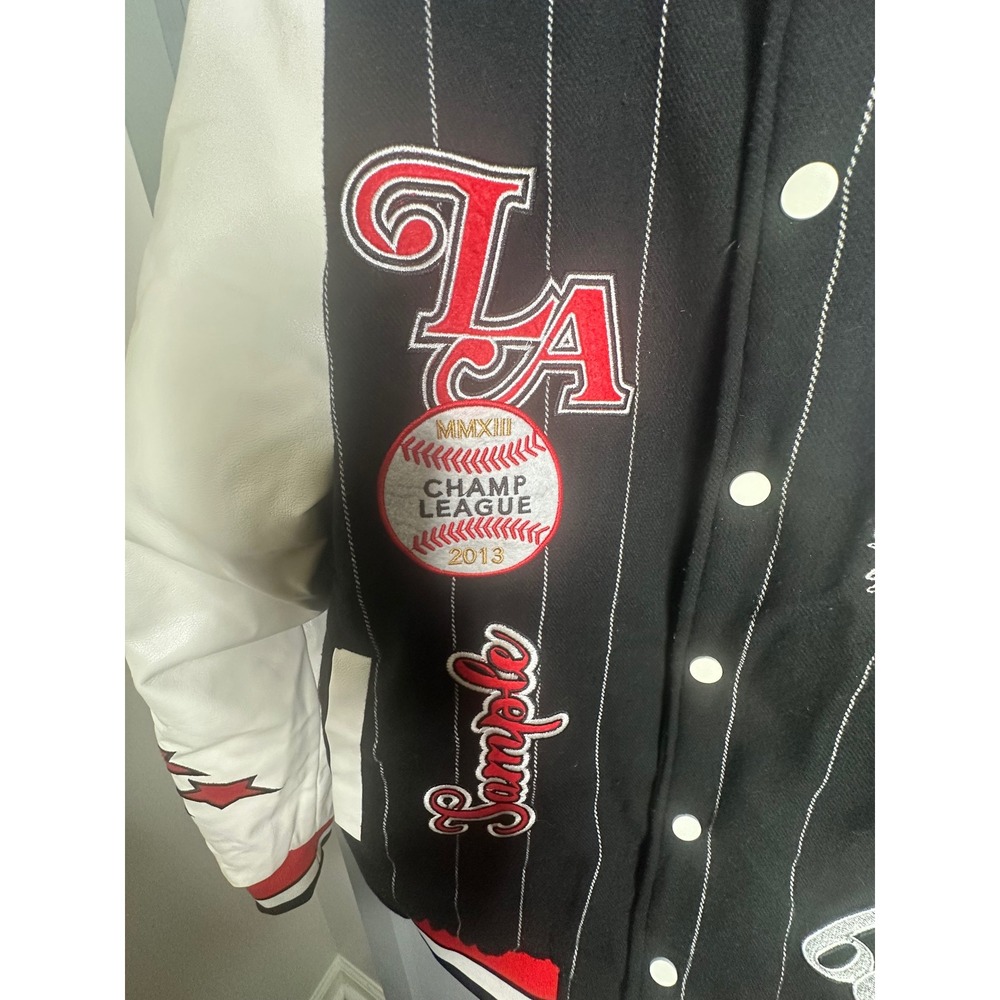 boohooMAN Mens Black Pinstripe Varsity Jacket Star Patch Faux Leather Sleeves M - Picture 3 of 12